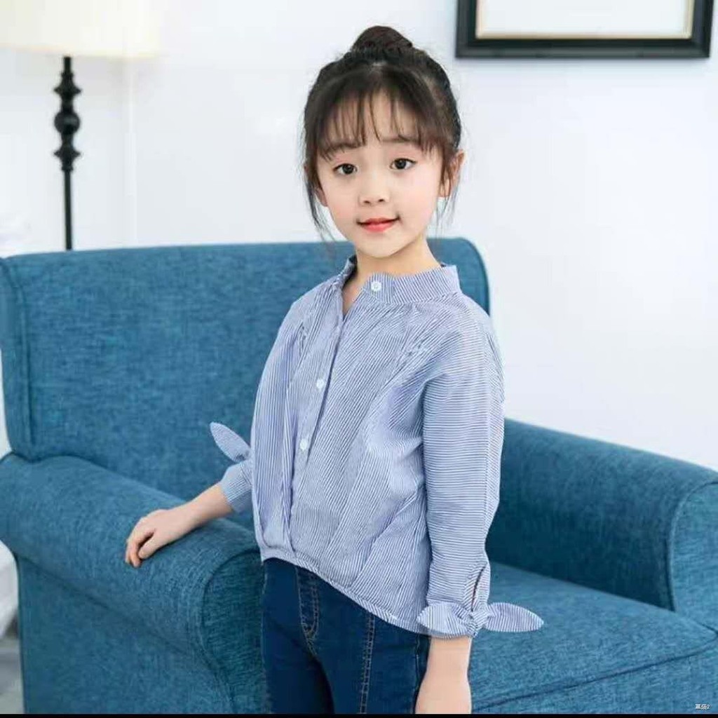 №✇□Little Girl Spring / Summer 2021 Áo sơ mi trắng sọc mỏng dài tay Trẻ em lớn Phong cách Hàn Quốc Cổ đứng Thường