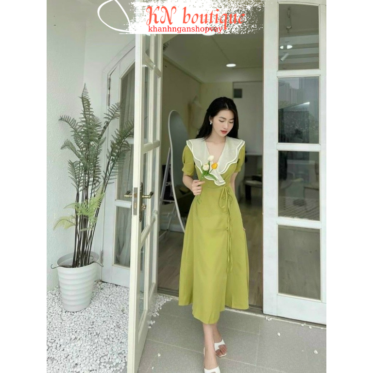 Đầm dự tiệc kín đáo váy công sở cổ V phối bèo dáng dài xòe xẻ tà sang trọng quyến rũ K N Boutique