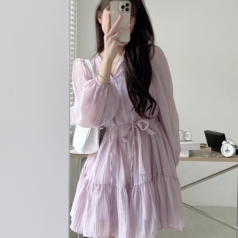 Váy babydoll dáng ngắn, váy đầm nữ dài tay tầng 2 lớp voan tơ xước freesize phom suông thắt eo hàn quốc C1092