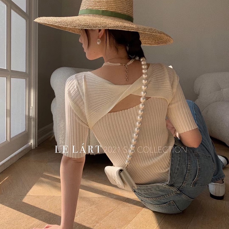 Áo Dệt Kim Tay Lửng Cổ Tròn Màu Sắc Trơn Thời Trang Mùa Hè Cho Nữ