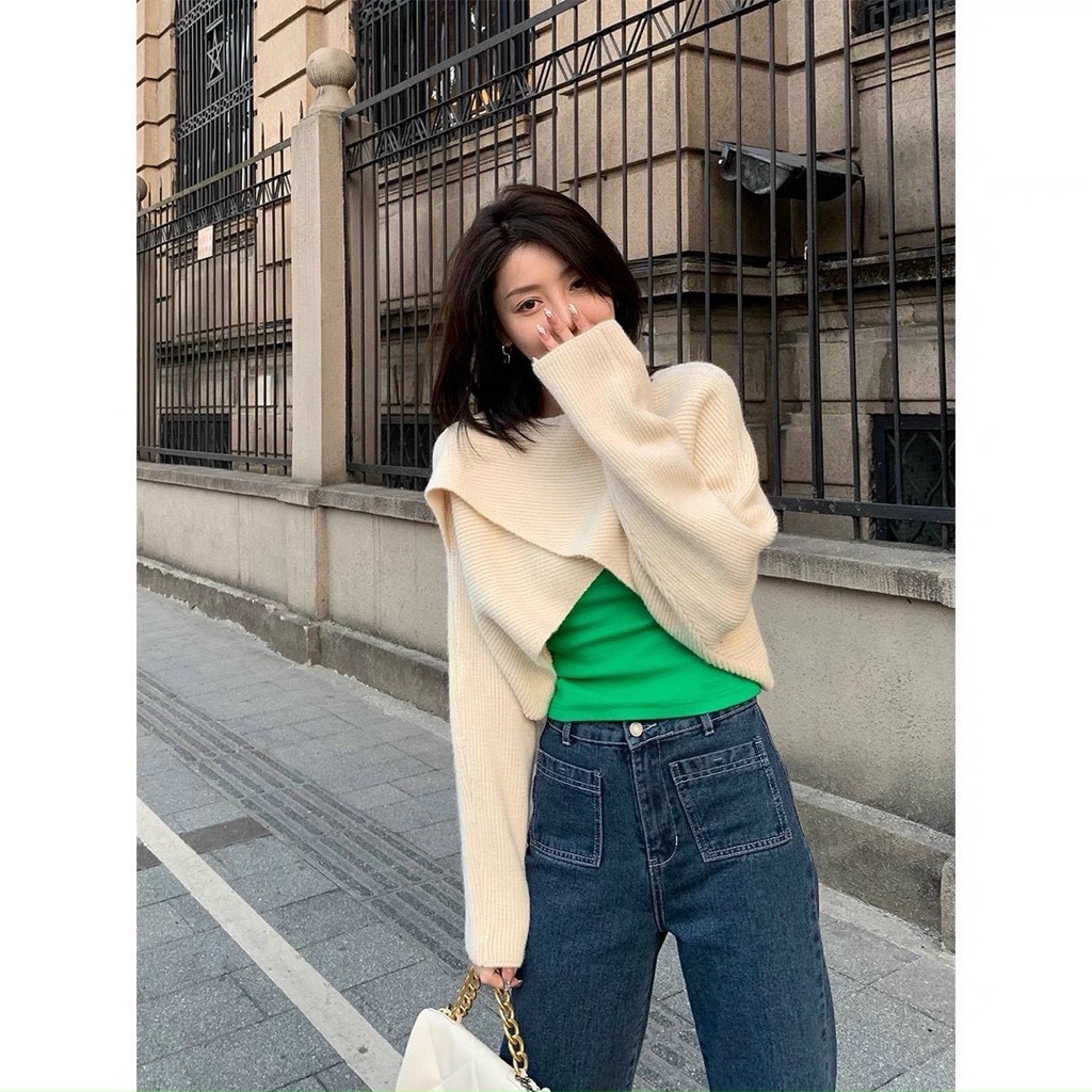 Áo len chéo vạt dáng croptop tay dài mặc kết hợp quần hay váy đều đẹp