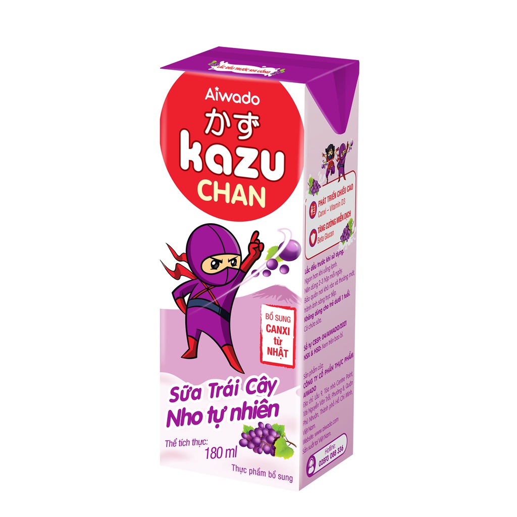 Aiwado Kazu Chan - Sữa trái cây Nho tự nhiên (Thùng 48 hộp 180ml)