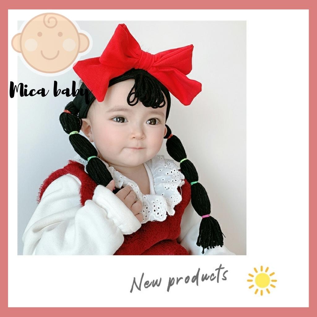 Băng đô, turban tóc giả buộc dài thắt nơ đỏ đáng yêu cho bé Mica baby BD43