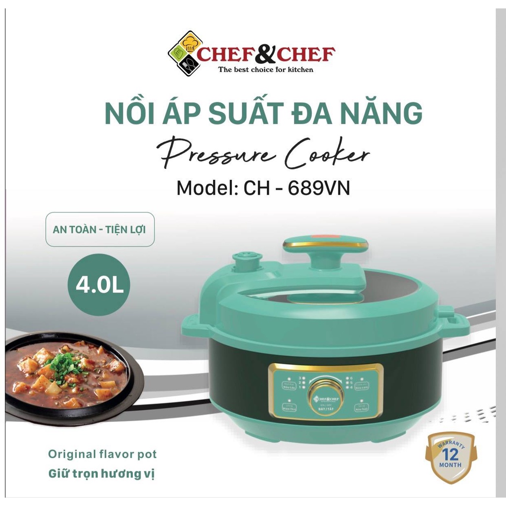 NỒI ÁP XUẤT ĐA NĂNG CHEF&CHEF 689VN SỞ HỮU 6 CHỨC NĂNG HÀNG CHUẨN HÃNG 100%