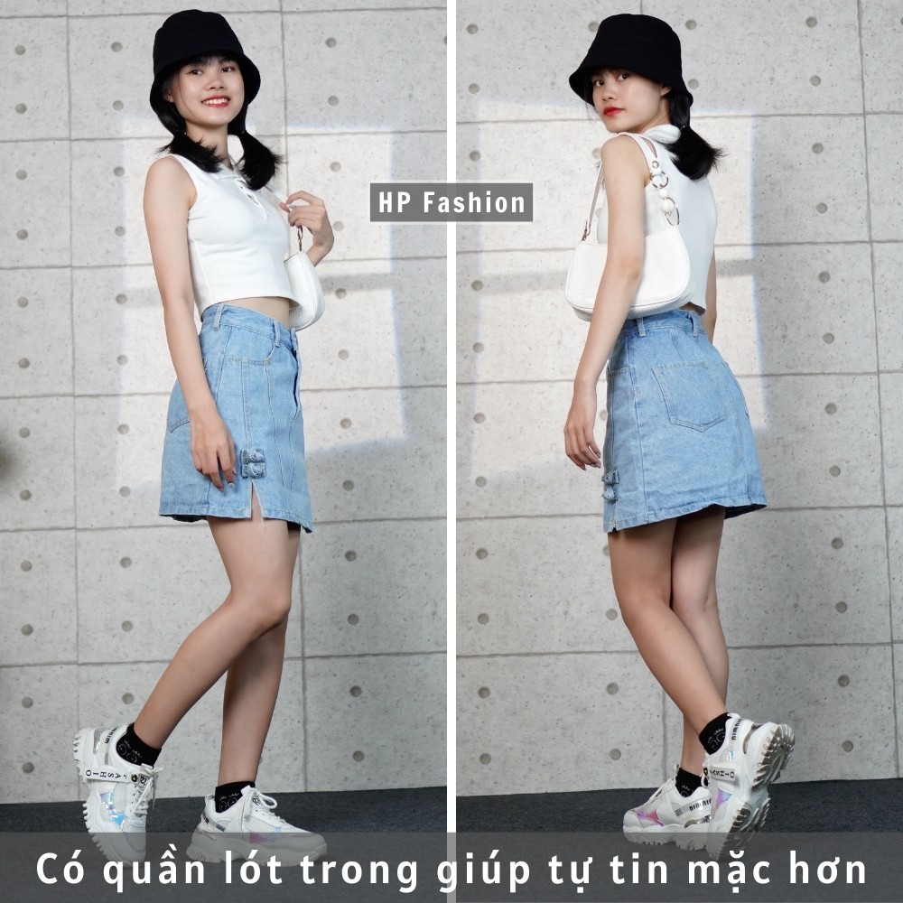 Chân váy jean chữ A xẻ tà cực xinh, chân váy bò nữ cạp lưng cao dáng ngắn trẻ trung - QJ29 - Happy Style
