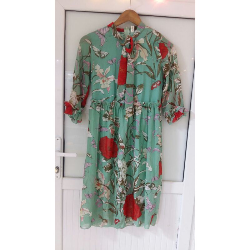 Đầm Maxi xanh cổ buộc nơ