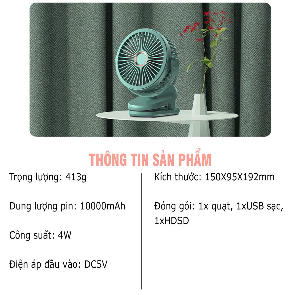 Quạt Kẹp Bàn Tích ĐIện Xoay 360 độ Pin Sạc 10.000mAh Dung Lượng Lớn