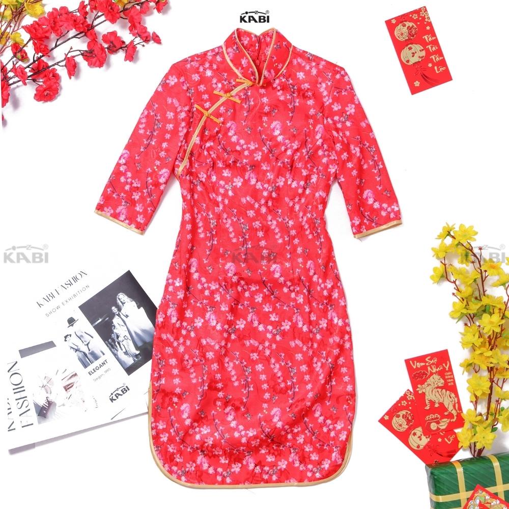 Áo dài nữ KABI áo sườn xám tay dài form dáng ôm chất liệu gấm lụa