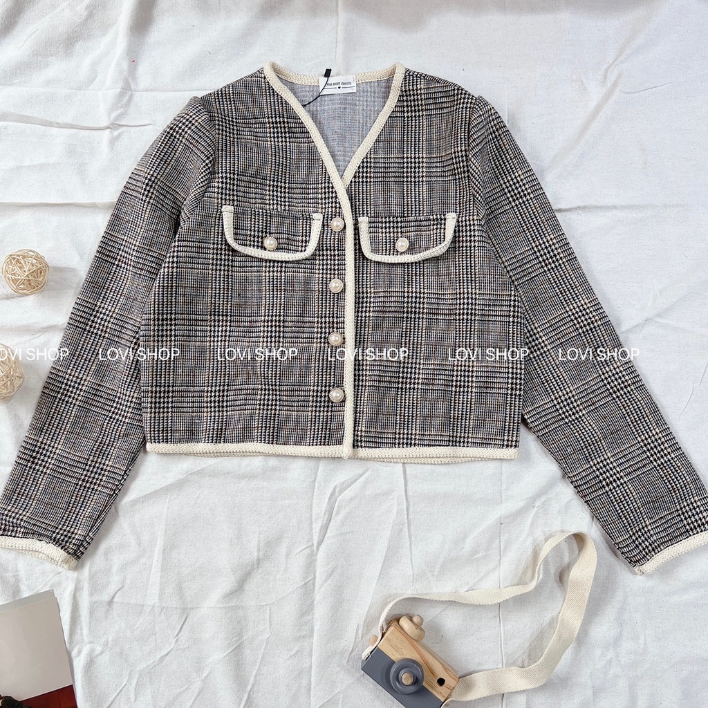 LOVI SHOP - Áo khoác dạ tweed caro tay dài cúc ngọc sang chảnh Lovi