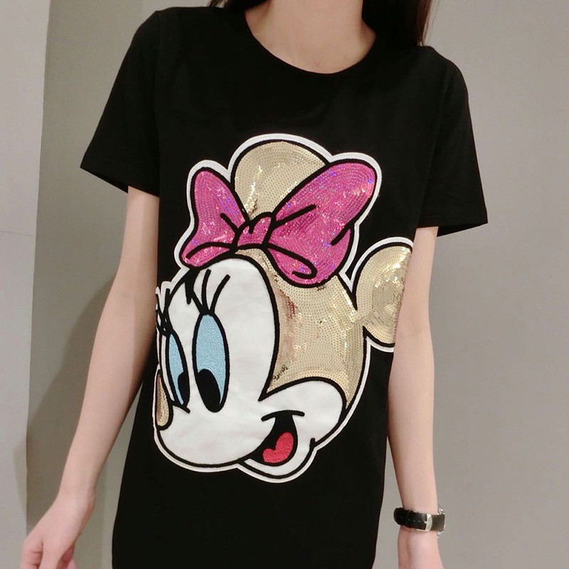 Đầm thun ngắn tay đính kim tuyến hình hoạt hình dễ thương cho nữ