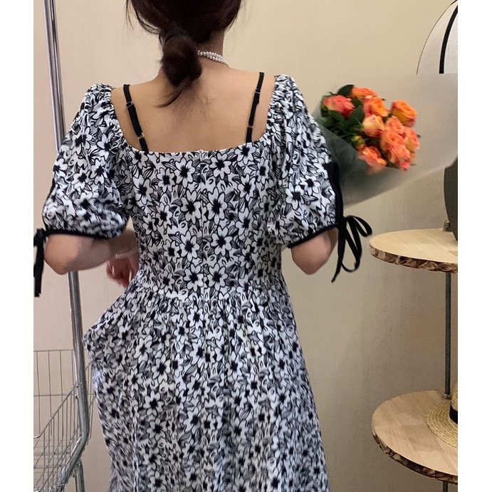 (SALE 40%) Váy 2 dây tay phồng che khuyết điểm - Đầm mặc 2 kiểu cổ vuông  hoặc bẹt vai xinh xắn thanh lịch