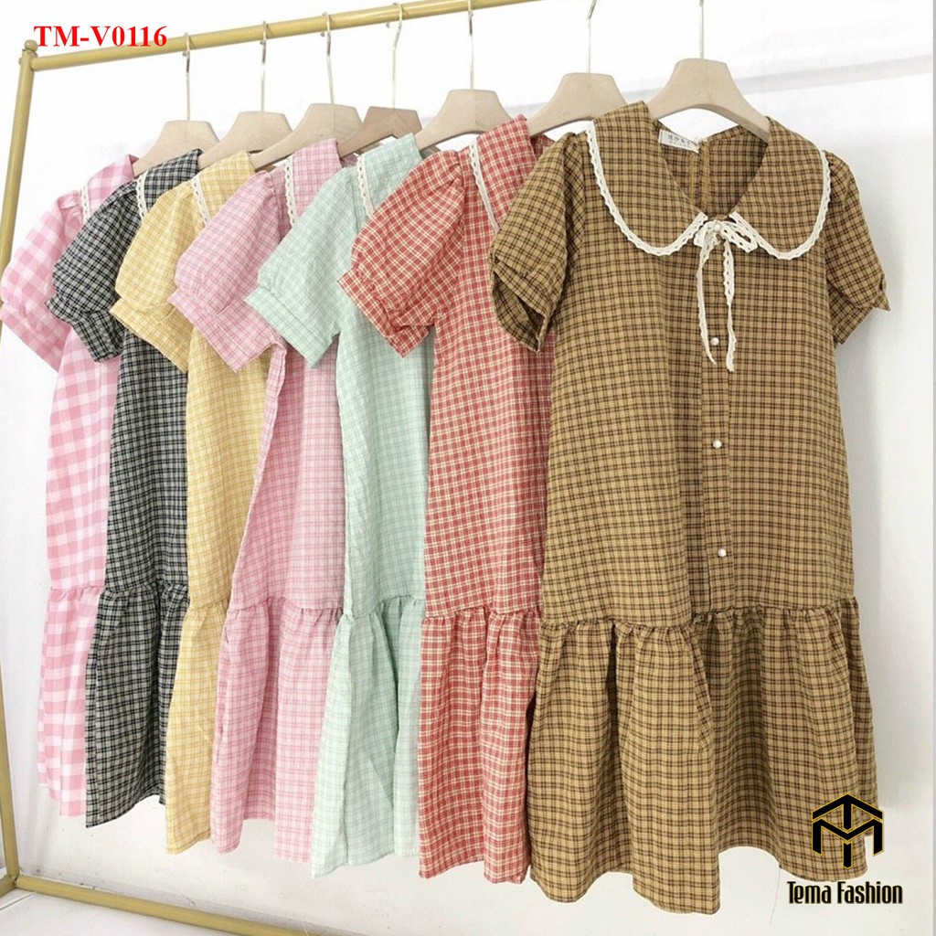 [Mã FAXANH245 giảm 10K đơn 50K] Váy bầu TEMA - Đầm bigsize dáng dài kẻ caro cổ kèm dây nơ chất cotton siêu mát