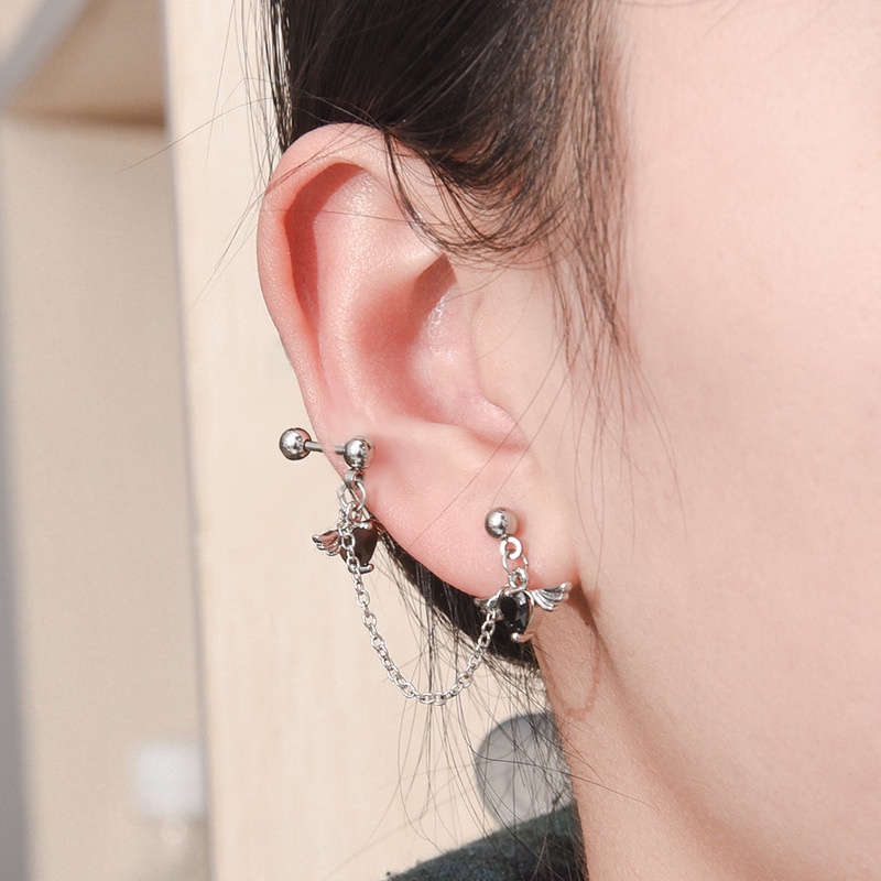 Khuyên Tai Dạng Hạt Tua Rua Đôi Hình Trái Tim Đôi Cánh Thiên Thần Helix Lủng Lẳng