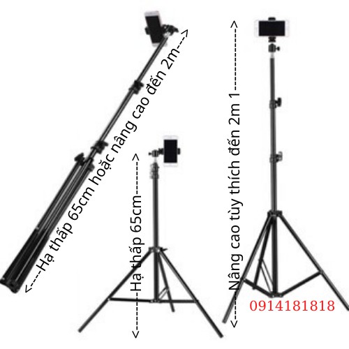 cây livestream,giá đỡ livestream,quay tiktok 3 chân tripod cao từ 65cm đến 2m+kẹp điện thoại thông minh+remote bluetooth