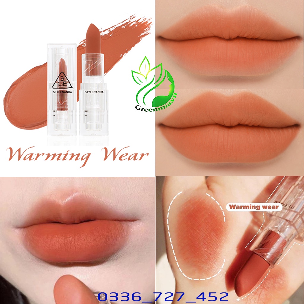 Son 3CE Soft Matte Lipstick Warming Wear Thỏi Lì Màu Cam Cháy Thiết Kế Trong Suốt Bền Màu CHÍNH HÃNG CHECK HIDDEN TAG
