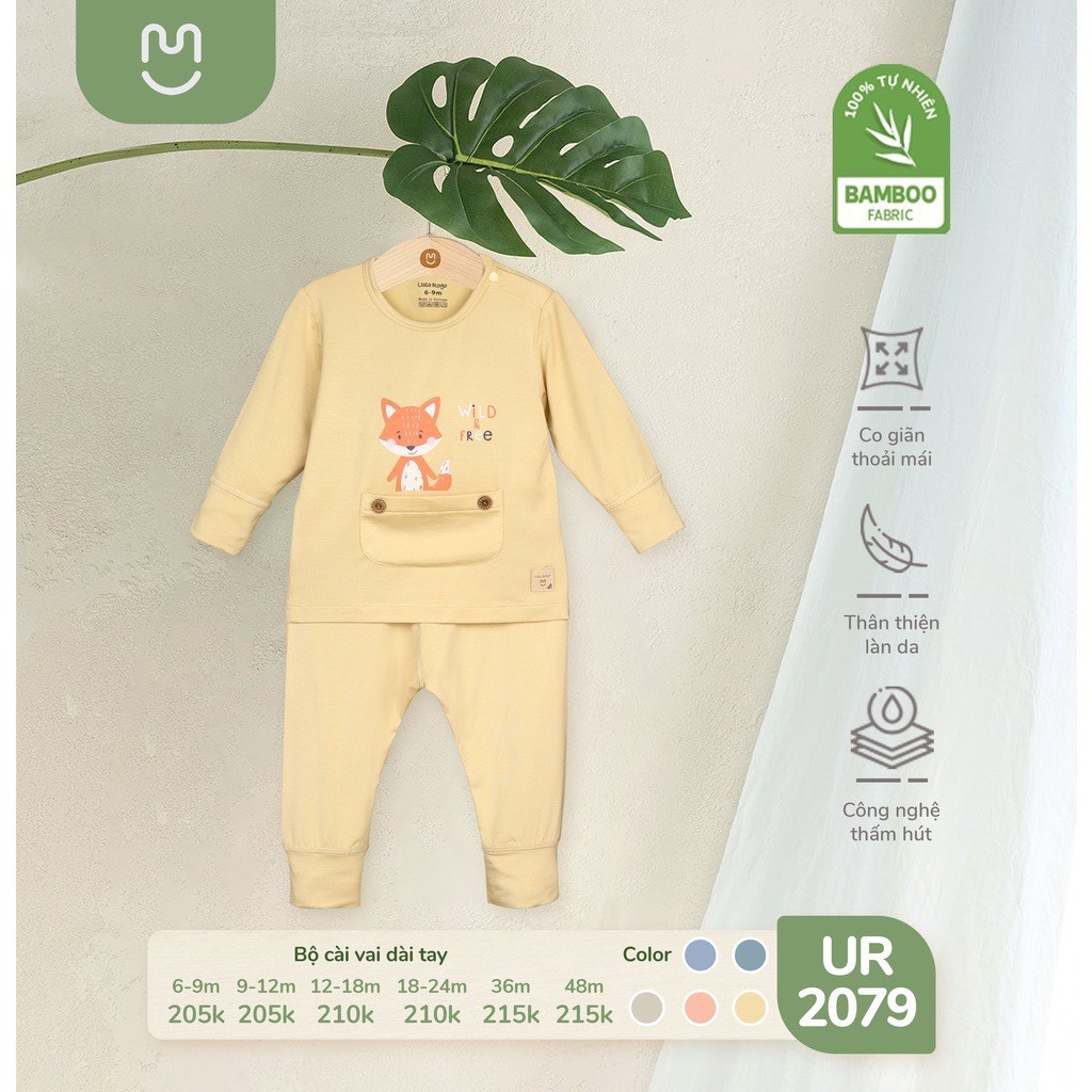 Bộ Quần Áo Dài Tay Cài Vai Túi Trước Họa Tiết Động Vật Vải Sợi Tre Cho Bé UR2079