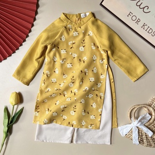 Áo dài hoa vàng phối tay tặng kèm mấn xinh xắn chất mát dễ thương cho bé gái