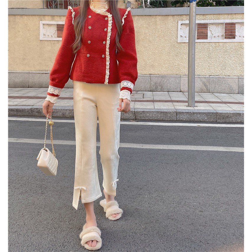 ] Áo dạ đỏ viền ren tay bồng giáng sinh tiểu thư sang chảnh Ulzzang A126