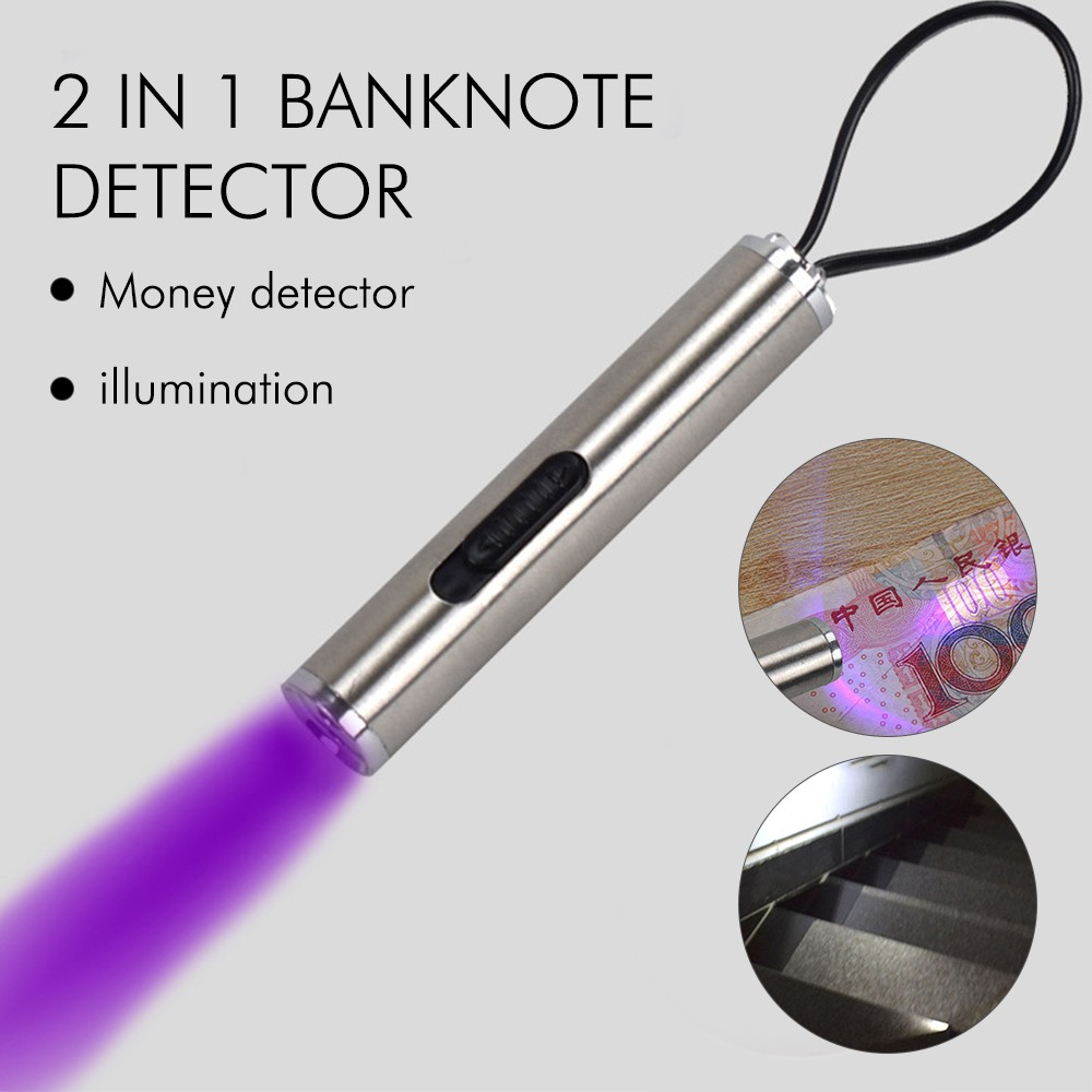 Đèn pin LED UV mini có móc khóa 2 In 1 Banknote Detector Bank Detector Mini purple light + white light combo flashlight keychain flashlight