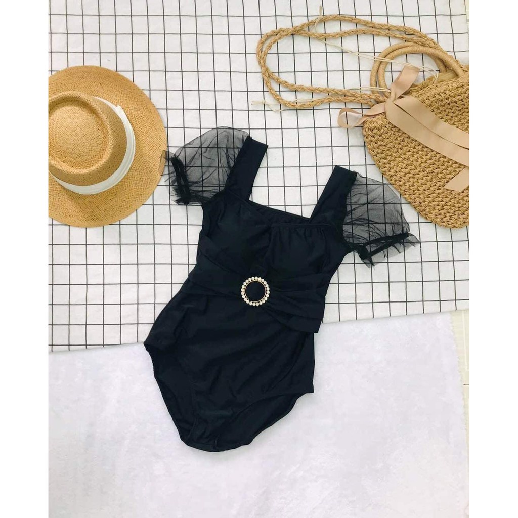 Bikini bộ bơi liền thân tay lưới phồng phối nơ đính đá sang chảnh EVA LTTL