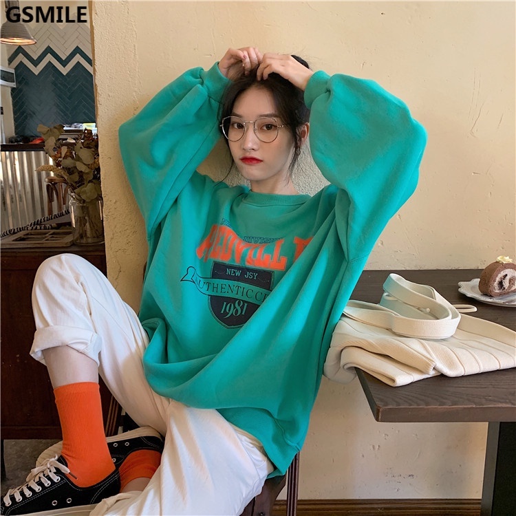 Áo sweater tay dài dáng rộng in họa tiết chữ cái phong cách Hàn Quốc thời trang thu đông