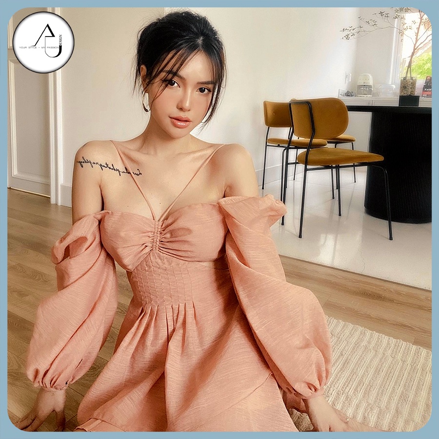Đầm Tiểu Thư Tay Phồng AU.DESIGN Thiết Kế Sang Chảnh Lộng Lẫy Dáng Xòe Có Mút Ngực Màu Nude Freesize