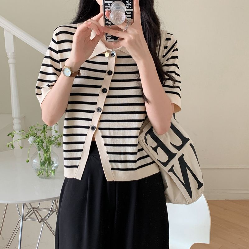 Áo Thun Polo Tay Ngắn Họa Tiết Kẻ Sọc Đen Thời Trang Mùa Hè 2022 Dành Cho Bạn Nữ