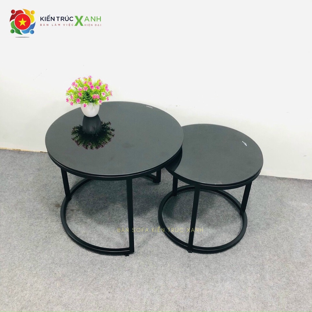 Bàn trà, bàn sofa mẫu đôi tròn 16 mặt kính cường lực đen cao cấp