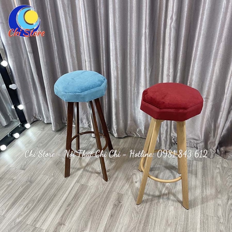 Ghế Quầy Bar, Makeup, Ghế Trang Điểm, Chụp Hình Bọc Da Nhung Chân Giả Gỗ Cao 75cm Và Xoay 360 Độ