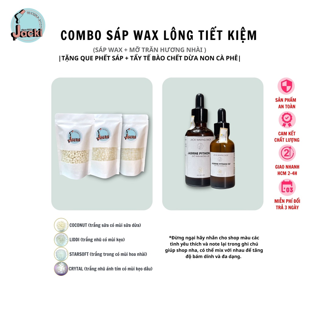 Combo Wax Lông ( Sáp Siêu Bám Lông Hard Wax Beans + Mỡ Trăn Hương Nhài + Tặng Tẩy Tế Bào Chết Cà Phê Dừa Non ) JWS