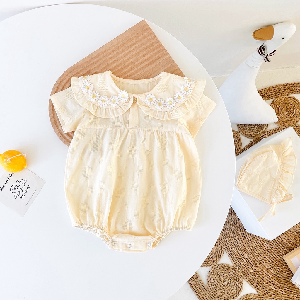 Áo liền quần SANLUTOZ tay ngắn cotton trang trí hoa có mũ trùm đầu dễ thương kiểu công chúa mùa hè cho bé gái sơ sinh