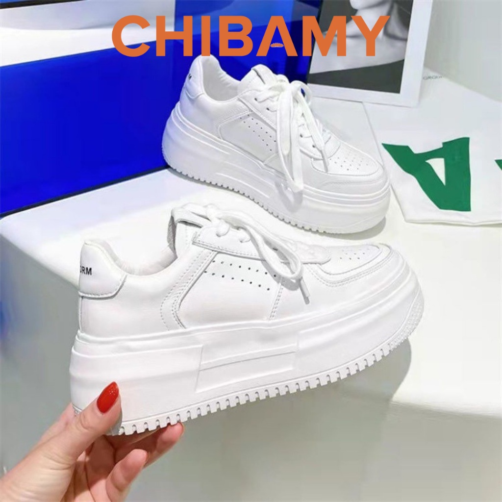 Giày thể thao nữ Trắng NK chất da lì đế cao 5cm, giày Sneaker học sinh CHIBAMY