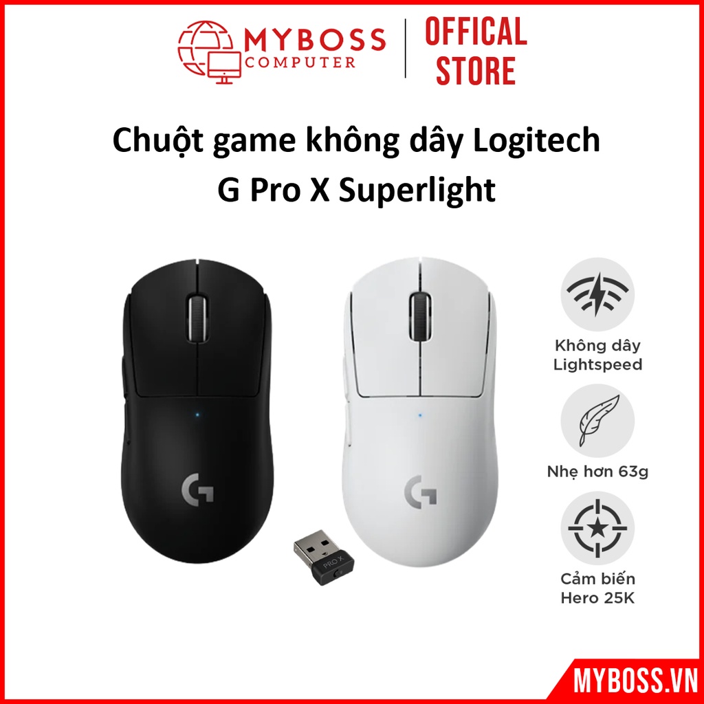 Chuột game không dây Logitech G Pro X Superlight Black/White - Siêu nhẹ, 5 nút lập trình, pin lâu BH chính hãng 24 tháng