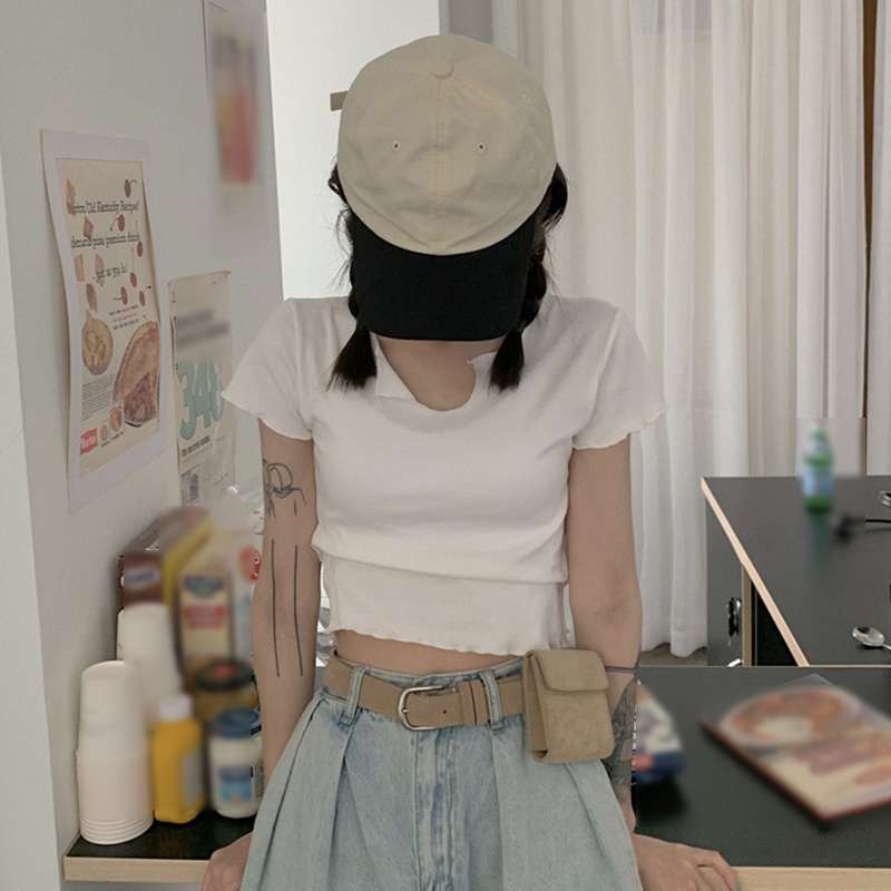 Áo Thun Crop Top Tay Ngắn Cổ Chữ V Khoét Sâu Màu Trơn Thời Trang Cho Nữ