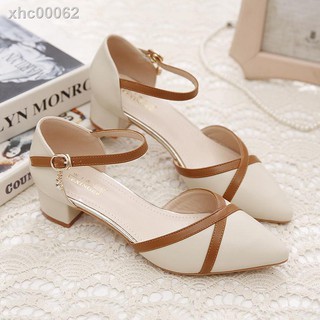 ∋♗Giày Sandal Mũi Nhọn Gót Vừa Dày Dặn Có Khóa Gài Màu Sắc Thời Trang Xuân Hè Dành Cho Nữ Phong Cách Hàn Quốc 2021