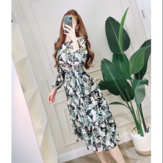 Đầm voan hoa nhiều tầng tay dài rất đẹp