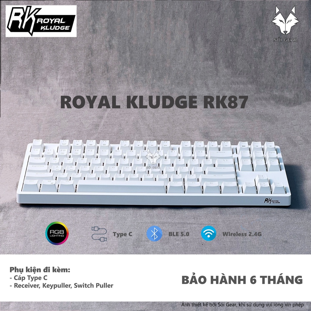 Bàn phím cơ không dây Royal Kludge RK87 HOTSWAP, Led RGB, TKL, Type C, Bluetooth 5.0, Wireless 2.4G, Màu trắng