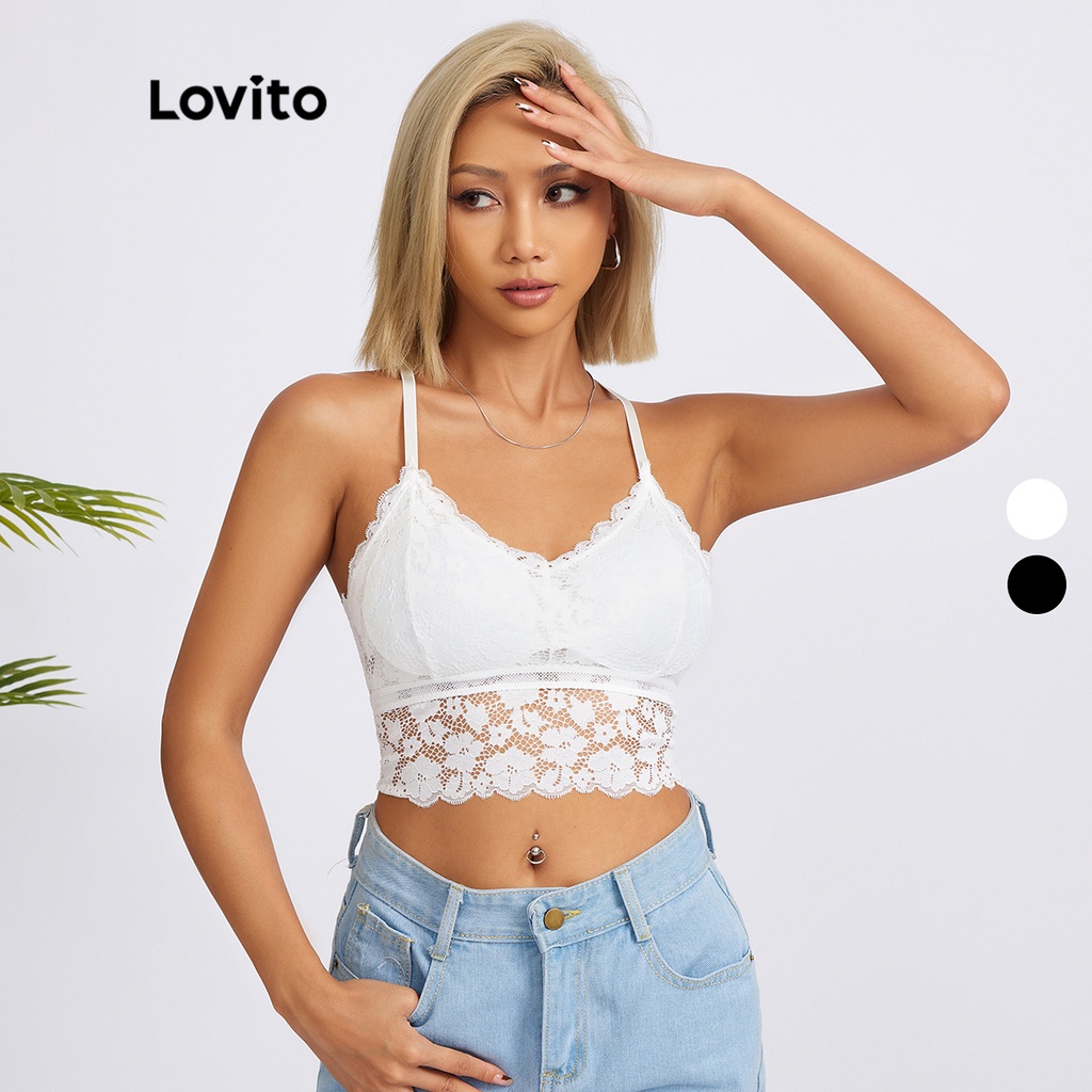 Áo ngực Lovito hở vai đan dây chéo màu trơn phối ren với đệm che hết có thể tháo rời phong cách thường ngày L18X287 (Màu trắng/đen)