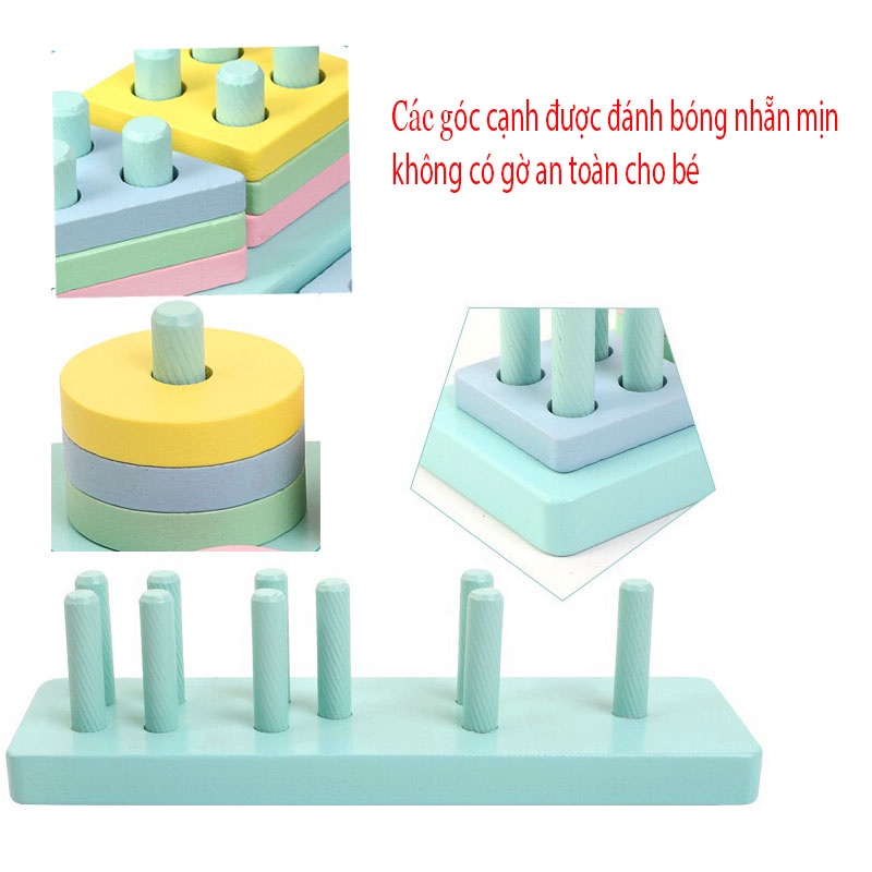 Bộ xếp hình montessori đồ chơi thả hình 4 trụ bằng gỗ cho bé Lakids