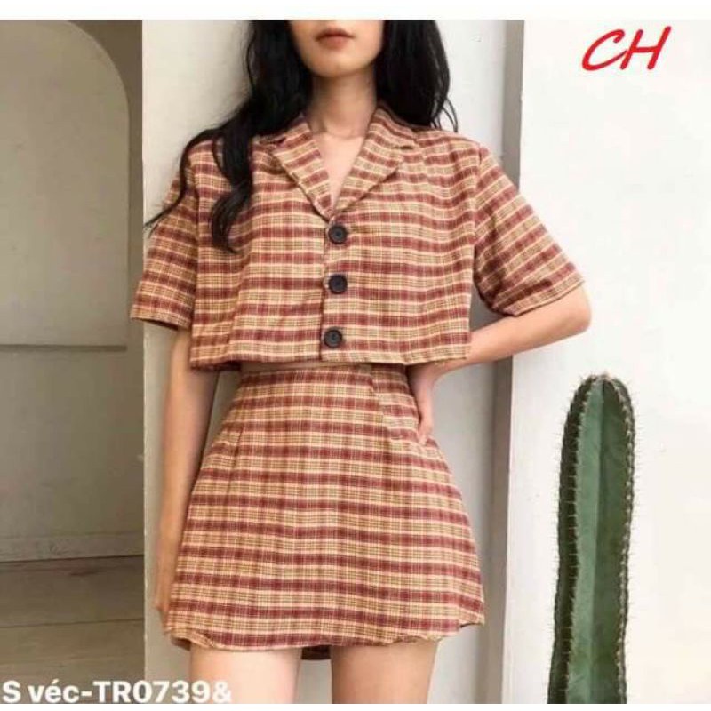 Sét váy kẻ Vec❤️thời trang nữ❤️đẹp❤️đầm❤️ bộ nữ❤️Dáng croptop phong cách Vintage