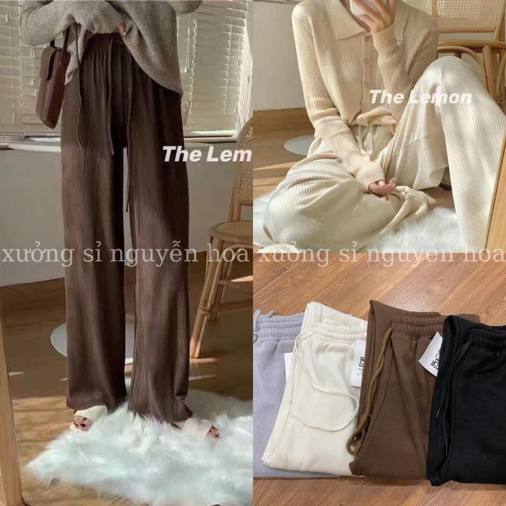 Quần nỉ ống suông nữ, quần nỉ tăm ống rộng suông dây rút 4 màu đen nâu be xám sang chảnh Xưởng Sỉ Nguyễn Hoa