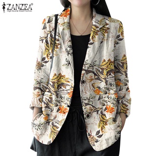 Áo khoác Blazer ZANZEA tay dài cài nút in hình hoa vải cotton thời cổ điển cơ bản cho nữ