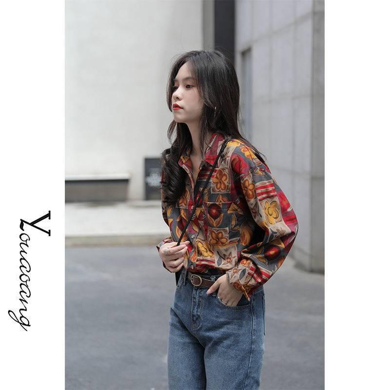 Áo sơ mi nữ dáng rộng in họa tiết kiểu retro Hồng Kông thời trang mùa thu