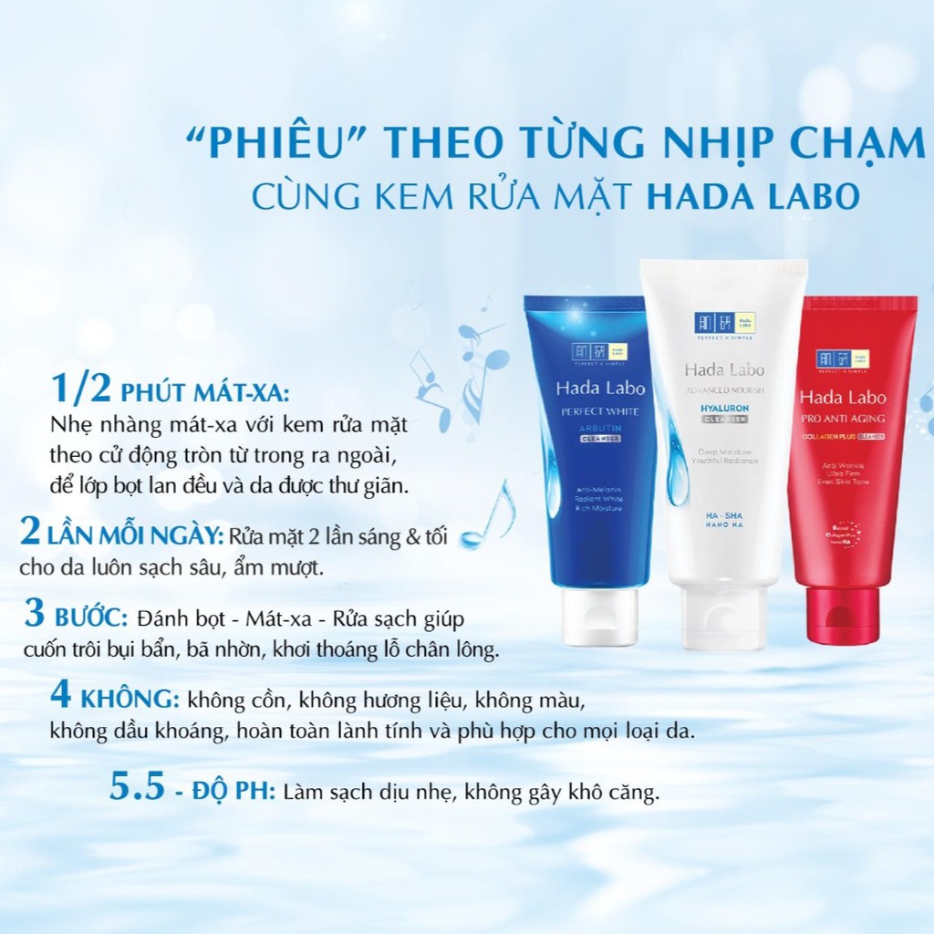 Sữa Rửa Mặt dưỡng trắng Hada Labo Perfect White/ Pro Anti Aging α Lifting/ Advanced Nourish Hyaluron Cleanser 80g