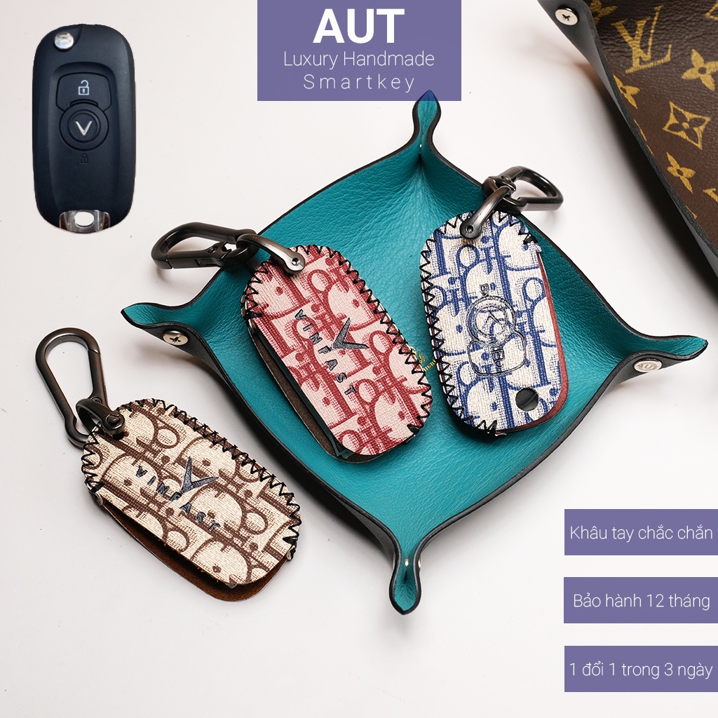 Ốp da chìa khóa ô tô Vinfast Fadil chìa cơ Dior khâu tay VF CD