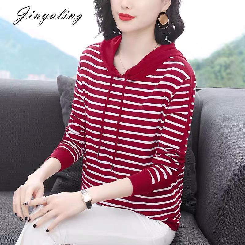 [Chất Lượng Cao] Áo Thun cotton Tay Dài Dáng Rộng Kẻ Sọc Có Mũ Trùm Đầu Phong Cách Nước Ngoài Mới