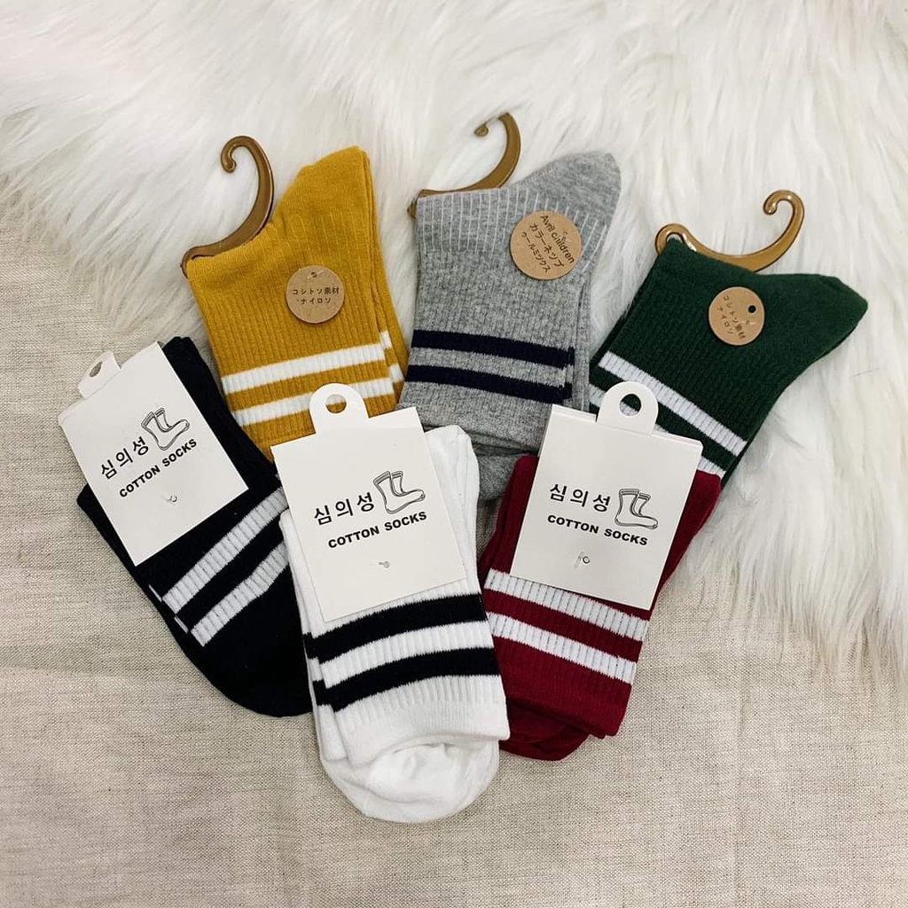 Combo [ 5 Đôi ] Vớ Nữ Cổ Trung Vải Cotton Cao Cấp , Vớ Hoạ Tiết Sọc Phong Cách Hàn