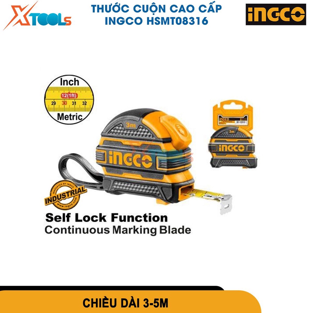 Thước cuộn thép nền vàng cao cấp INGCO size 3mx16mm hoặc 5mx19mm, thước dây cuộn tự động [CHÍNH HÃNG][XTOOLS]