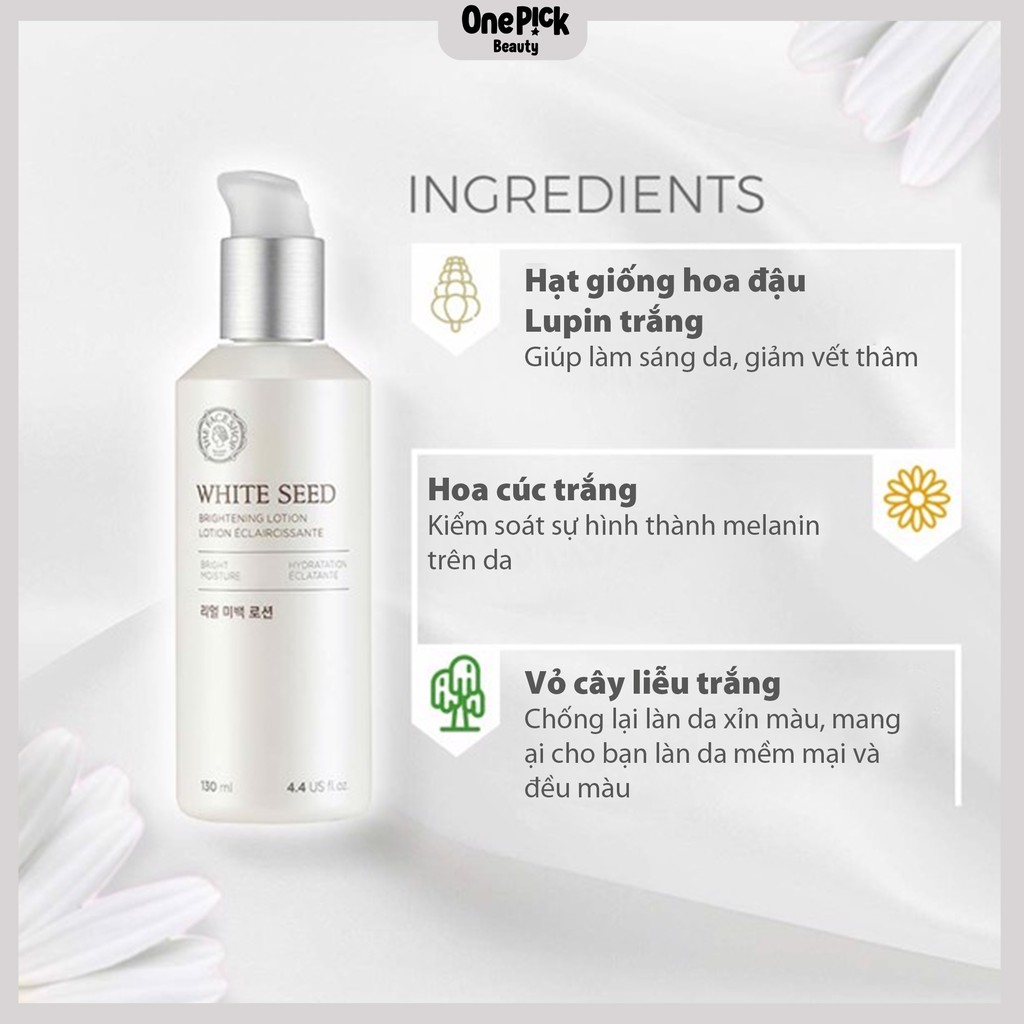 Sữa dưỡng THE FACE SHOP WHITE SEED mờ thâm, làm sáng, cấp ẩm và làm mềm da với thành phần dịu nhẹ từ hạt hoa đậu, hoa cúc trắng, vỏ cây liễu cho làm da tươi sáng