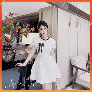 Đầm gấm dự tiệc cổ tròn đính nơ ngực dáng xòe chữ A [Hàng chuẩn đẹp + Ảnh thật]